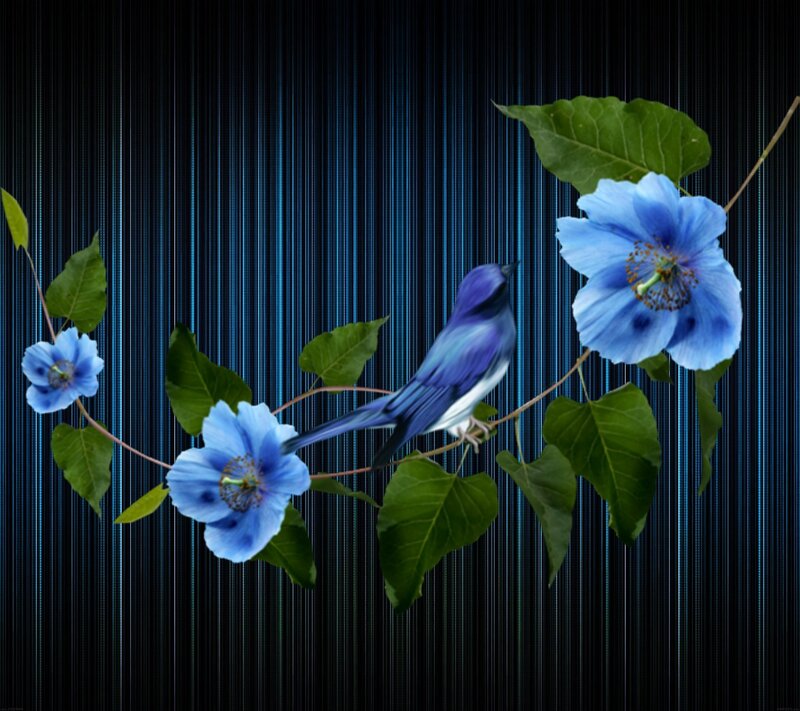 Blue Bird on Branch — Serene, Digital Art, Flowers