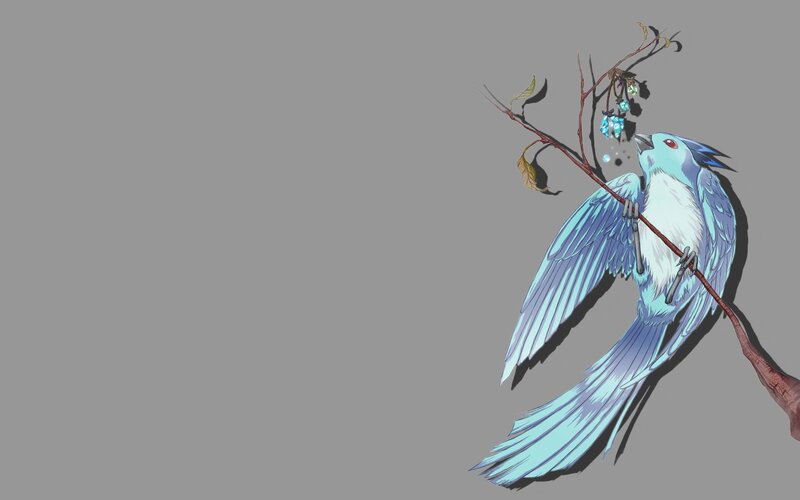 Blue Bird on Branch — Serene, Digital Art, Leaves