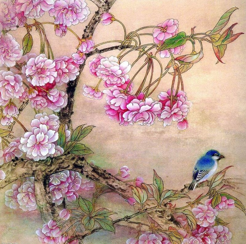 Blue Bird on Cherry Branch
