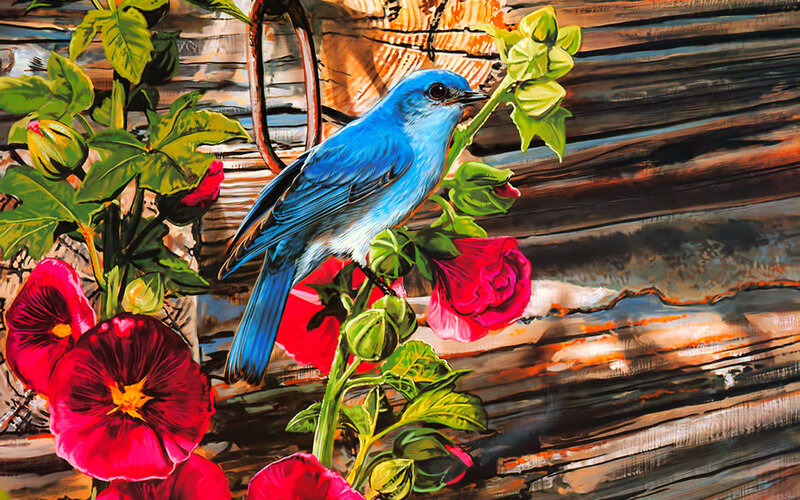 Blue Bird on Flowers — Calm, Painting