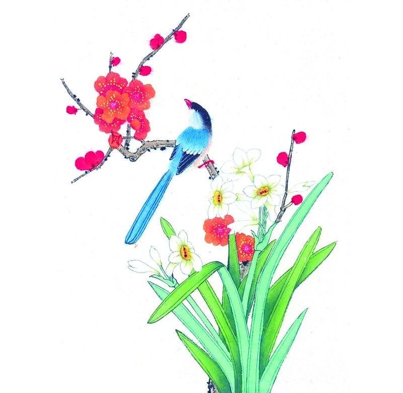 Blue Bird on Flowers — Green