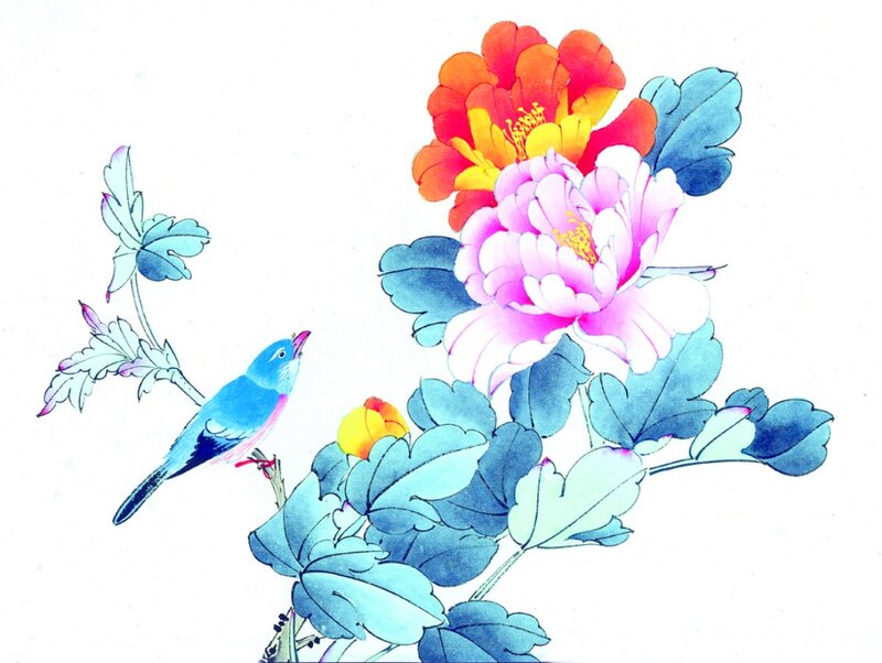 Blue Bird on Flowers — Serene, Illustration