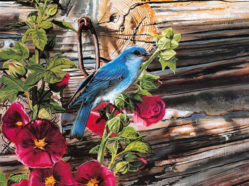 Blue Bird on Flowers — Serene, Spring, Painting