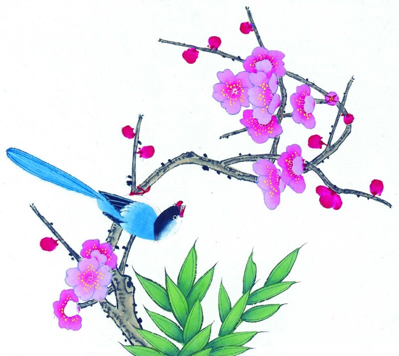Blue Bird on Plum Branch