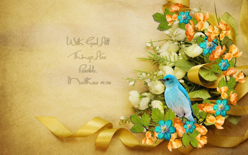 Blue Bird with Flowers — Serene, Digital Art
