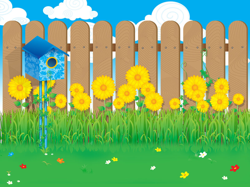 Blue Birdhouse with Sunflowers
