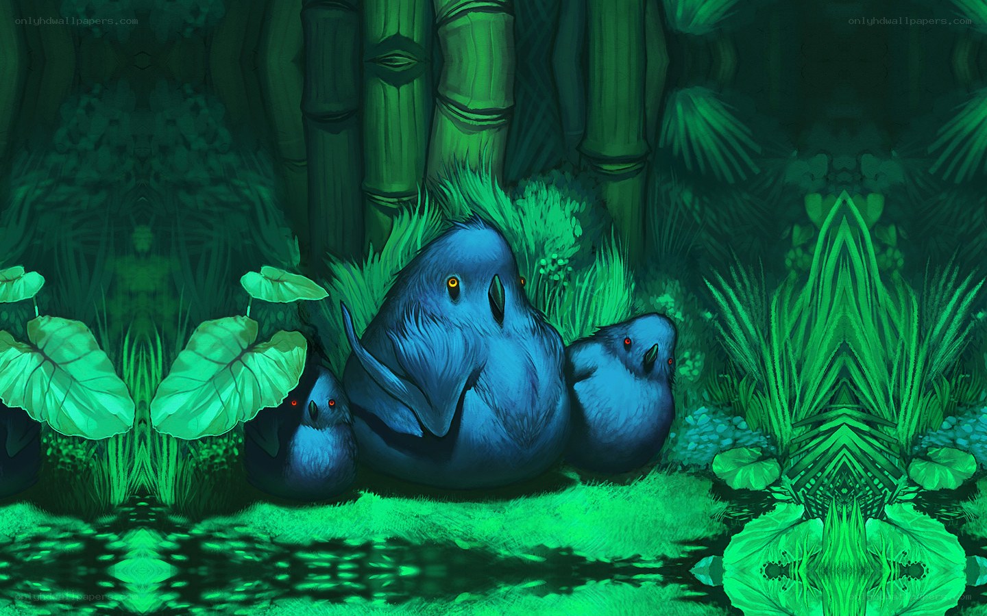 Blue birds in a bamboo forest