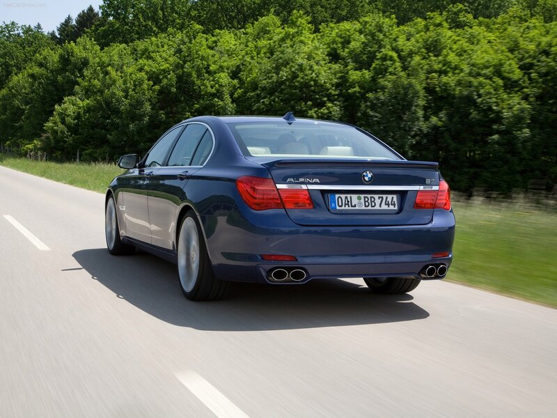Blue BMW Alpina B7 in motion