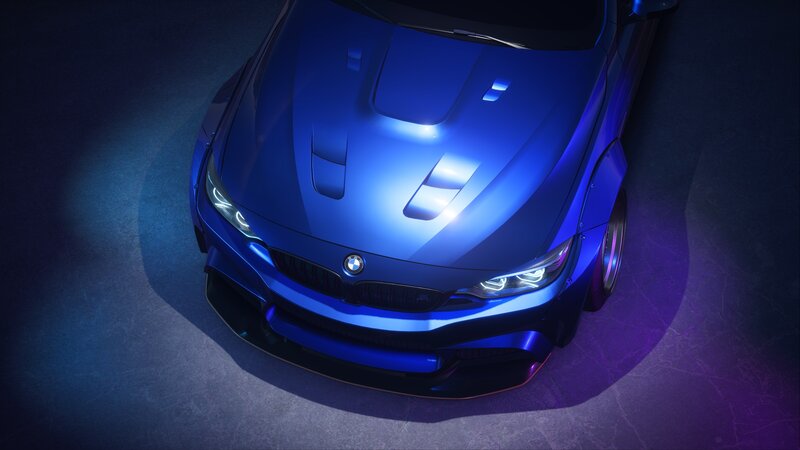 Blue BMW Car — Dramatic, Night, 3d Render