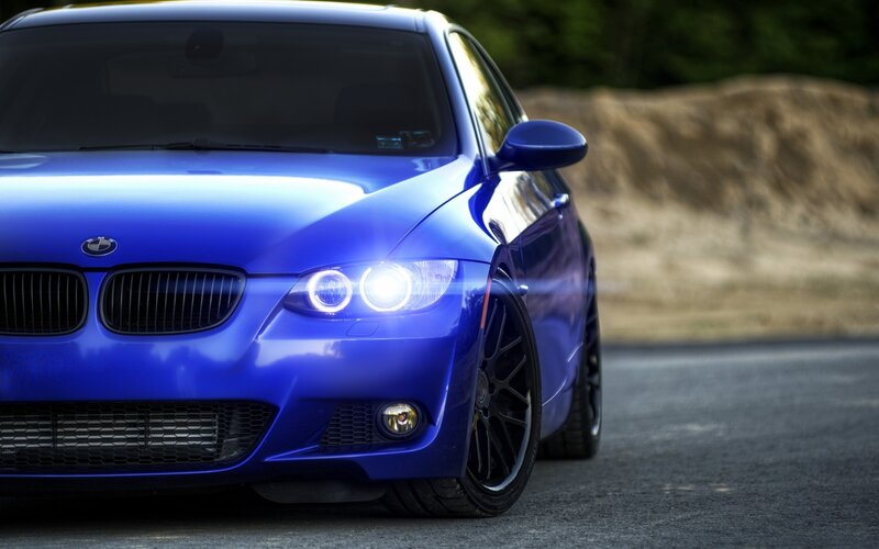 Blue BMW Car — Dramatic, Photograph, Road