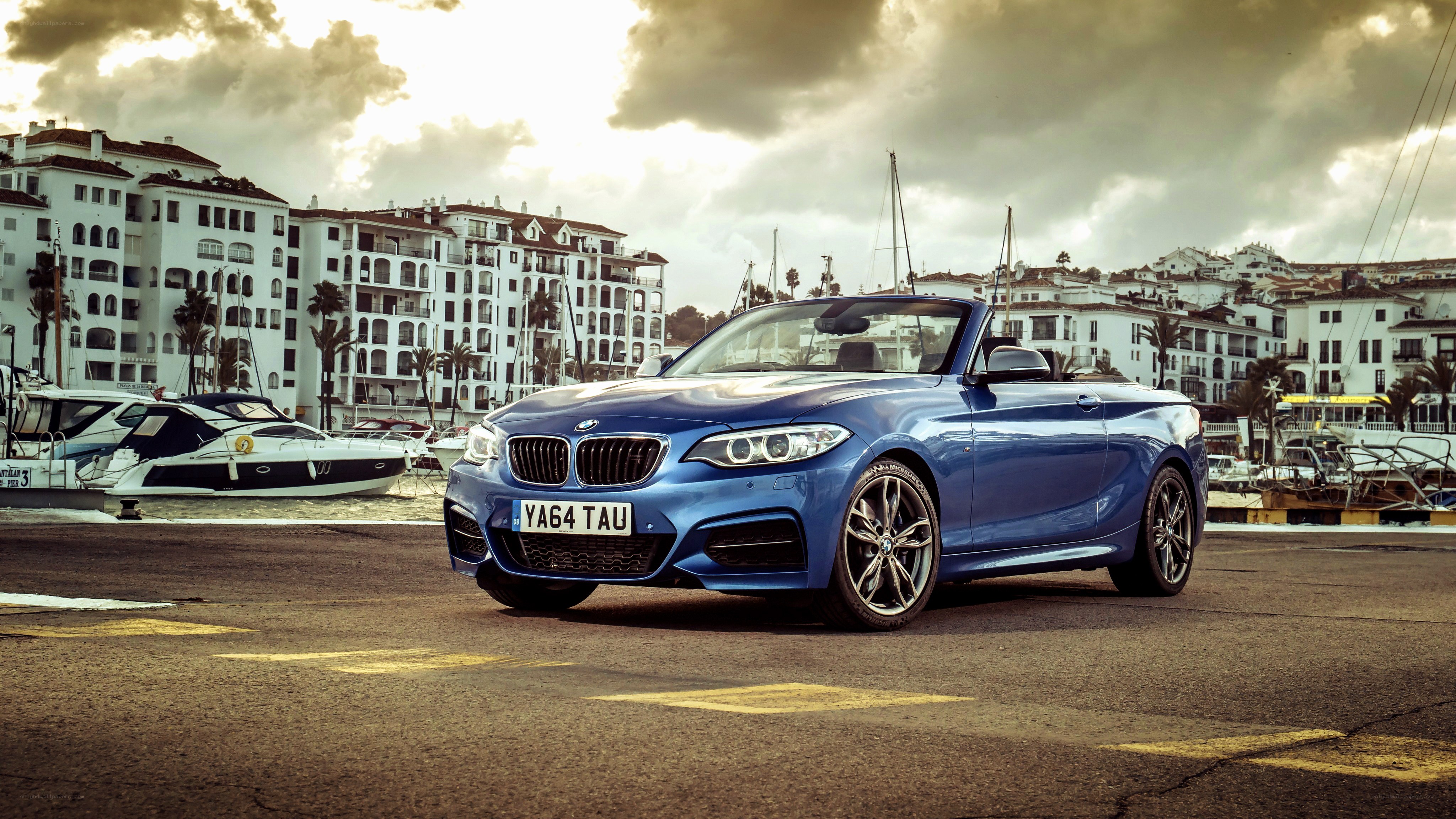 Blue BMW convertible by the marina