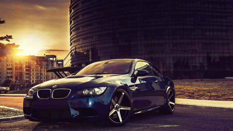 Blue BMW Coupe — Dramatic, Sunset