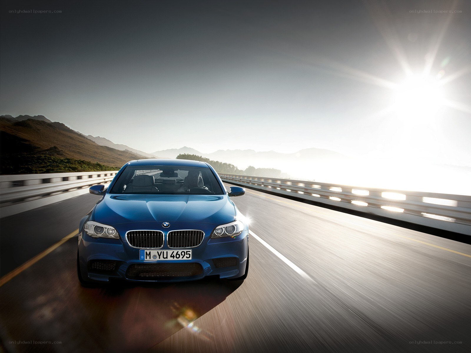 Blue BMW driving on a bridge