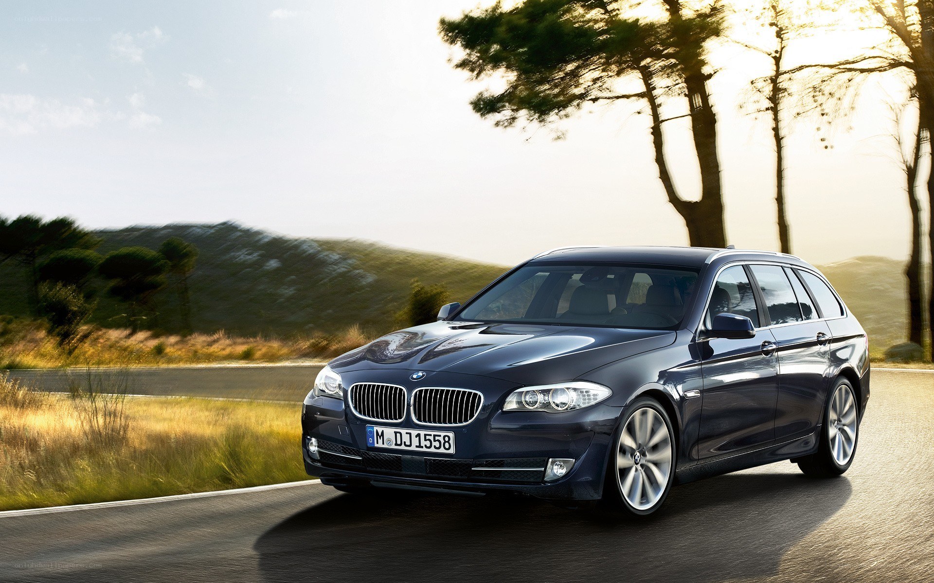 Blue BMW driving on a road