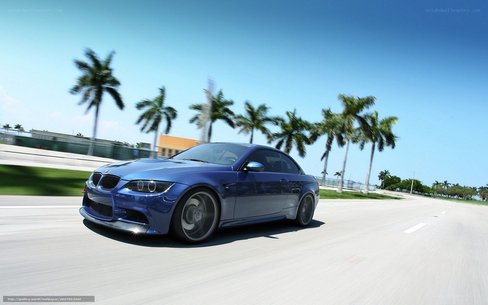 Blue BMW driving on a road