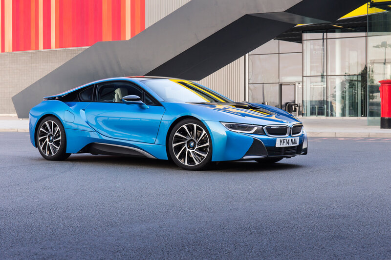 Blue BMW i8 sports car