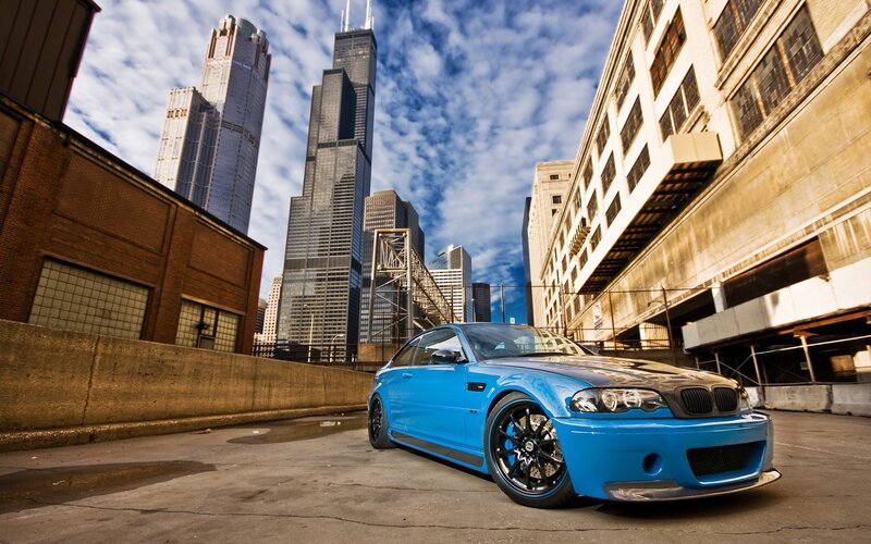 Blue BMW in Chicago alley