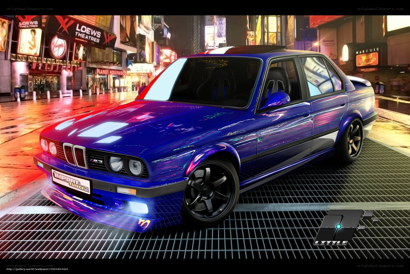 Blue BMW in city at night