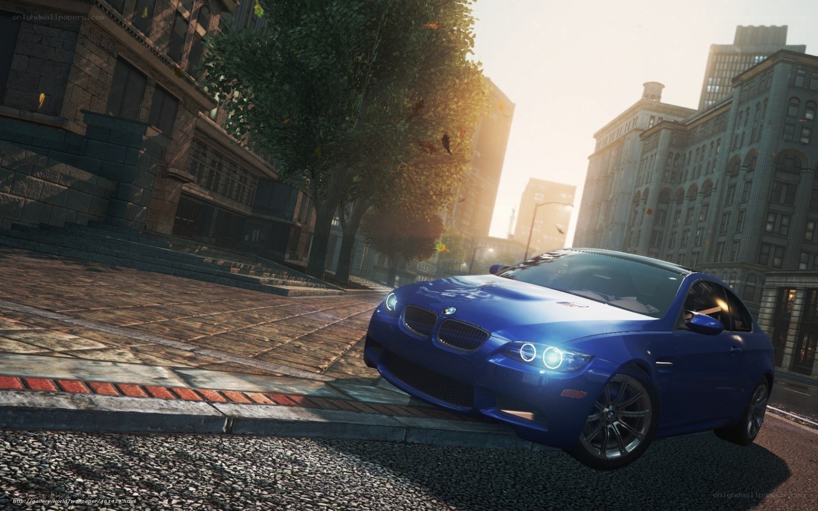 Blue BMW in city street