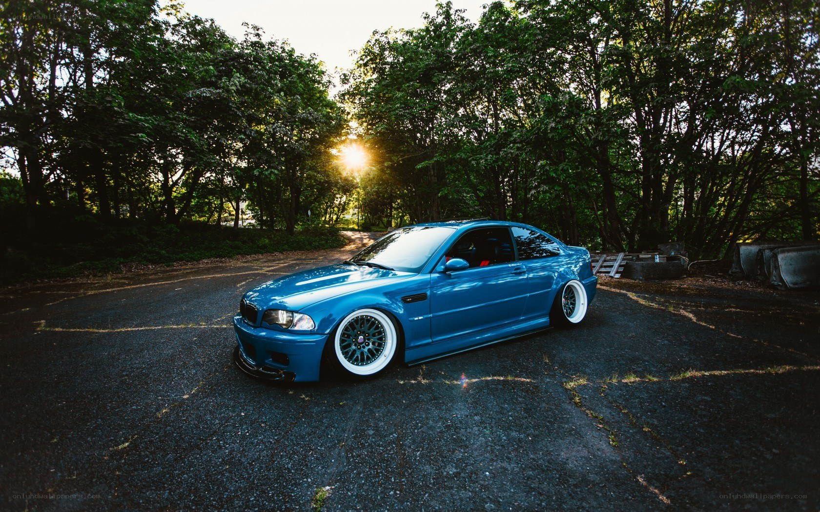 blue bmw in forest parking