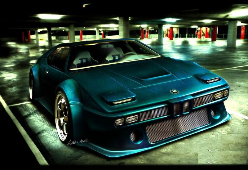 Blue BMW in parking garage