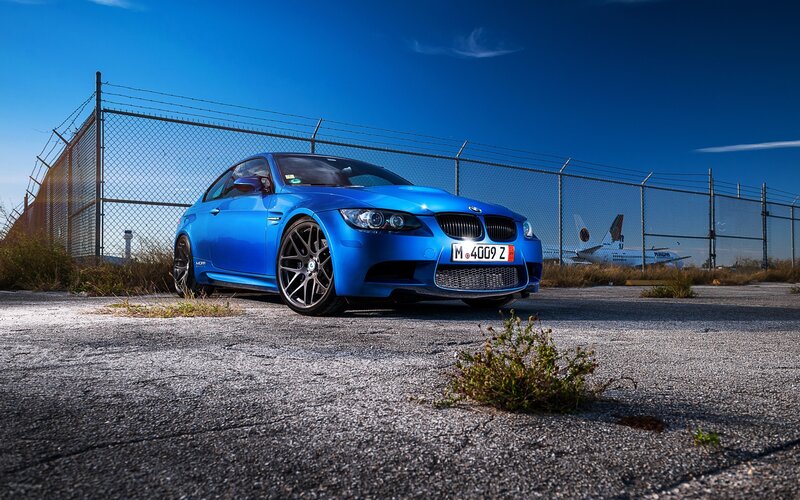 Blue Bmw M3 Car — Dramatic, Afternoon, Photograph, Airplane