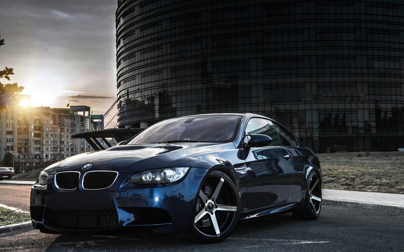 Blue BMW M3 Coupe — Dramatic, Sunset, Photograph, Car, Building, Sun