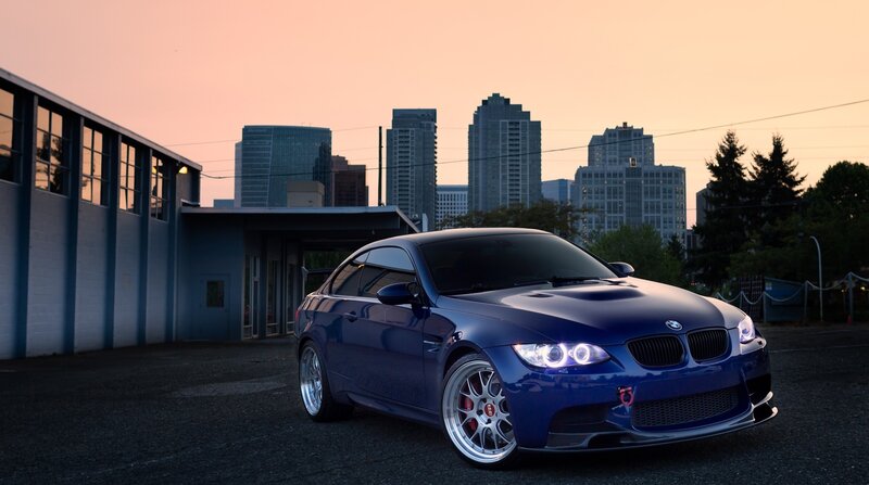 Blue BMW M3 Coupe — Dramatic, Sunset, Photograph, City Skyline