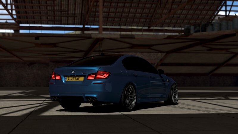 Blue Bmw M5 Car — Dramatic, 3d Render, Building