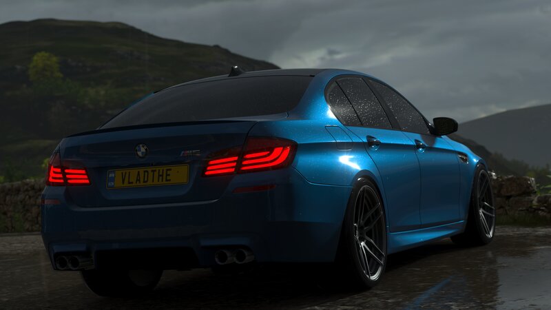 Blue BMW M5 Car — Dramatic, 3d Render, Mountains
