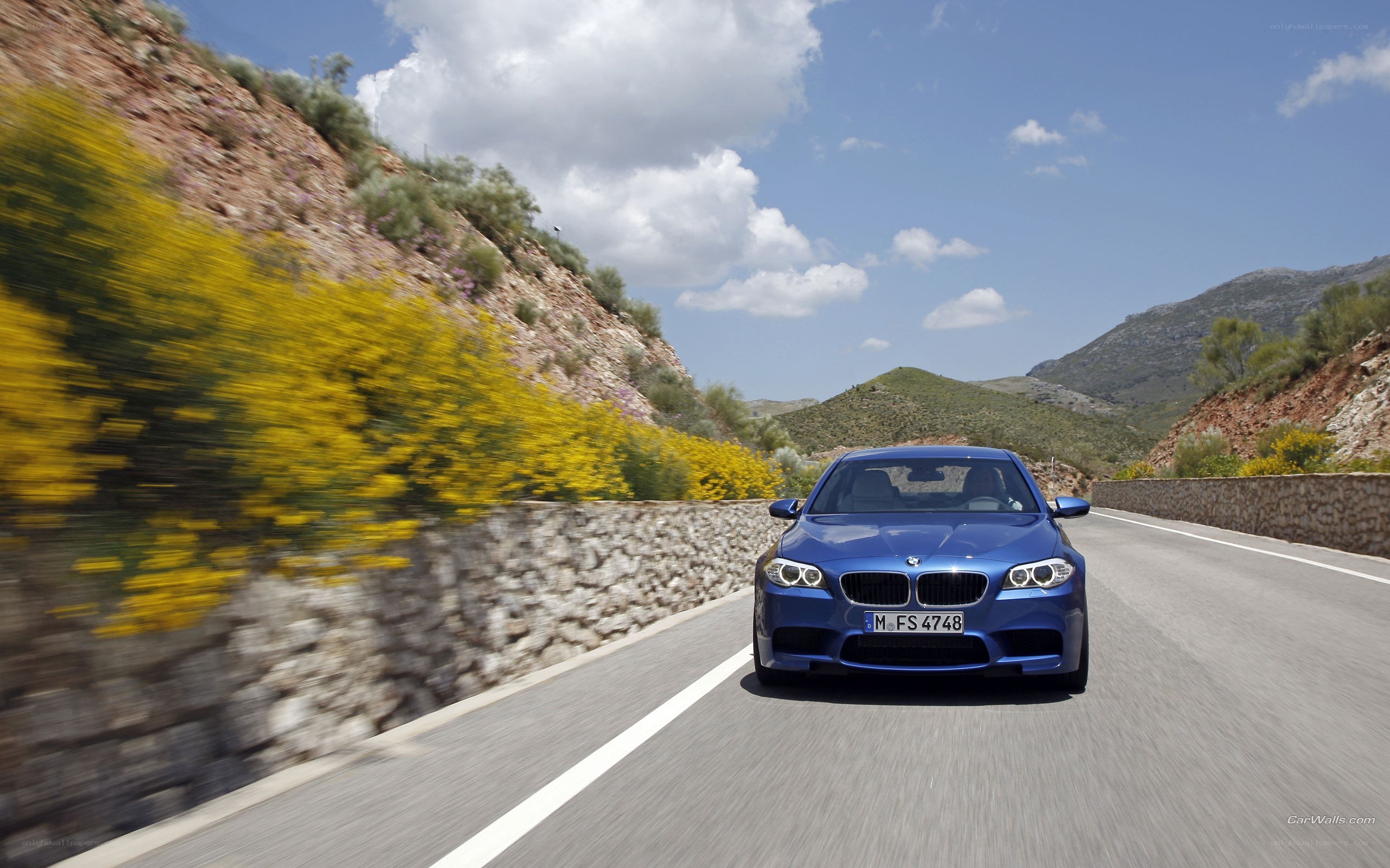 Blue BMW M5 on a mountain road