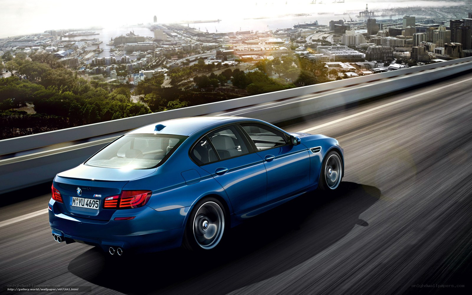 Blue BMW M5 on highway