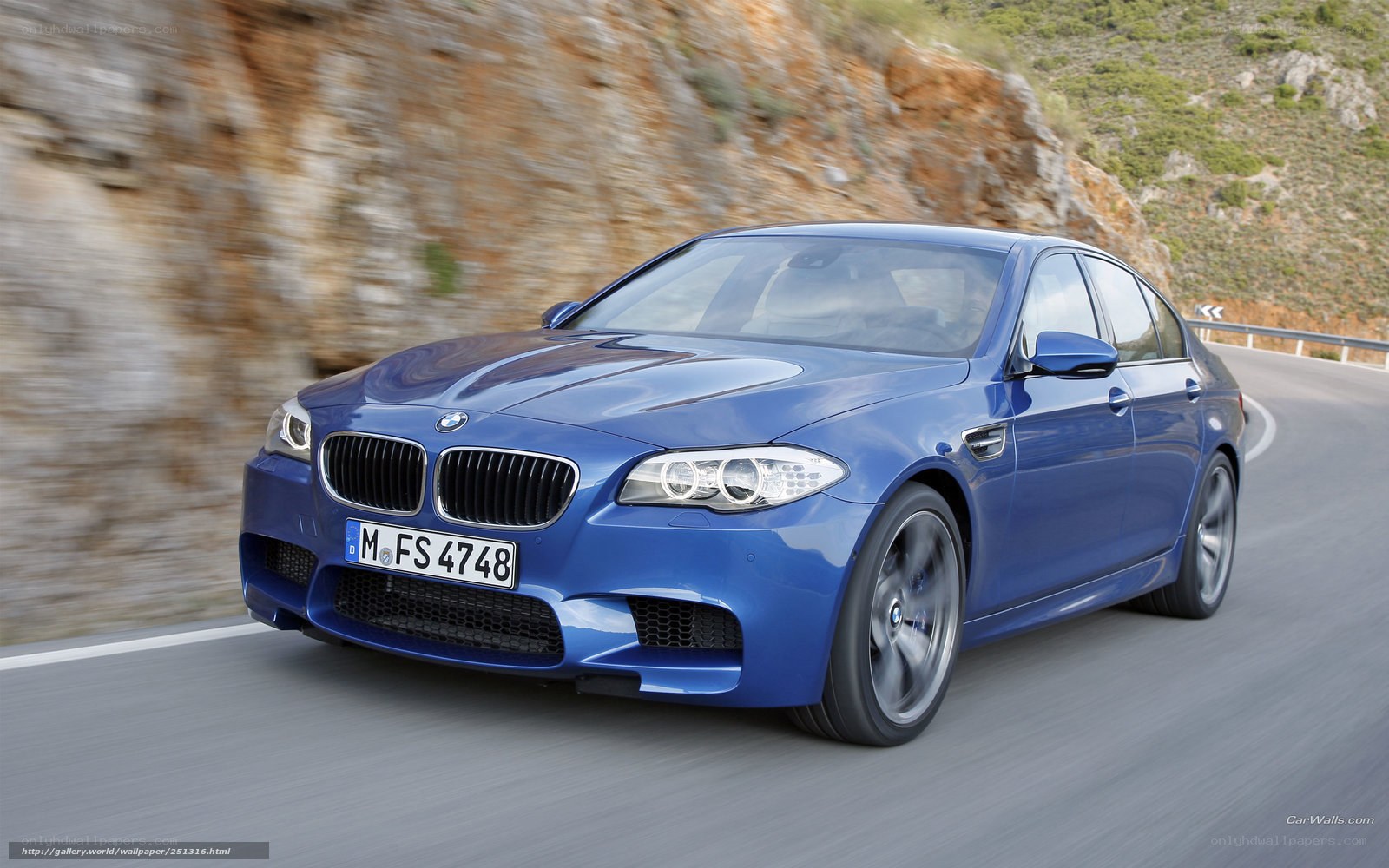Blue BMW M5 on winding road