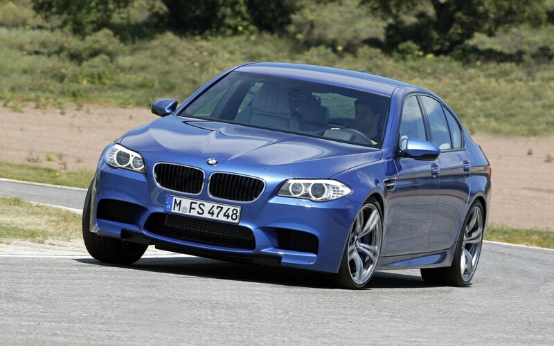 Blue BMW M5 Sedan — Dynamic, Afternoon, Photograph, Car, Road, Driver, Gray