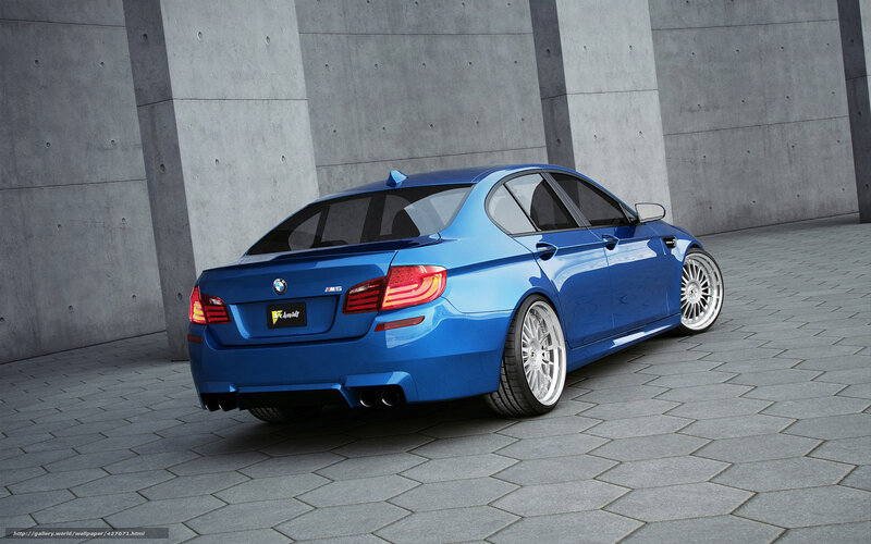 Blue BMW M5 Sedan — Modern, 3d Render, Concrete Wall, Hexagonal Pavement