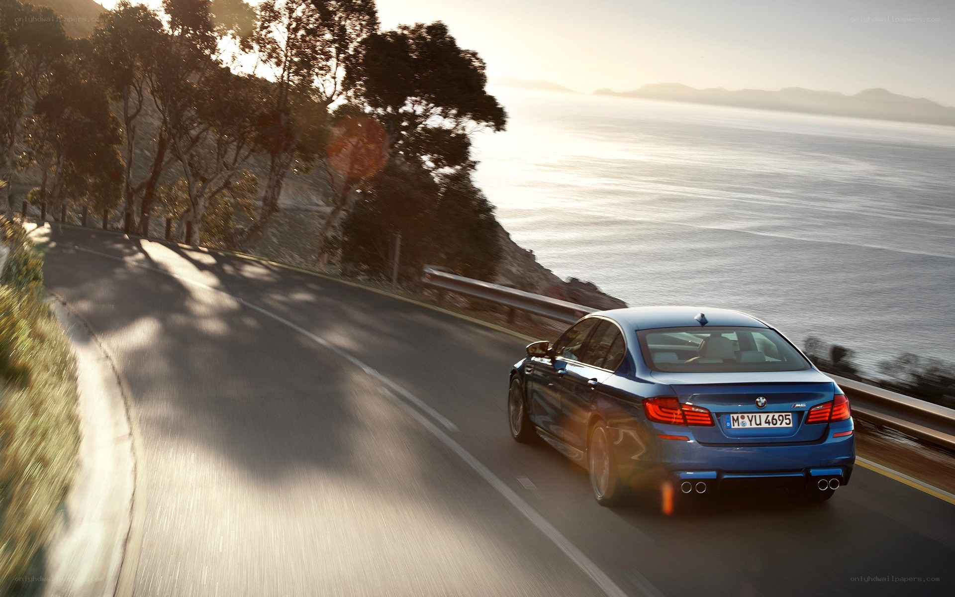Blue BMW on coastal road