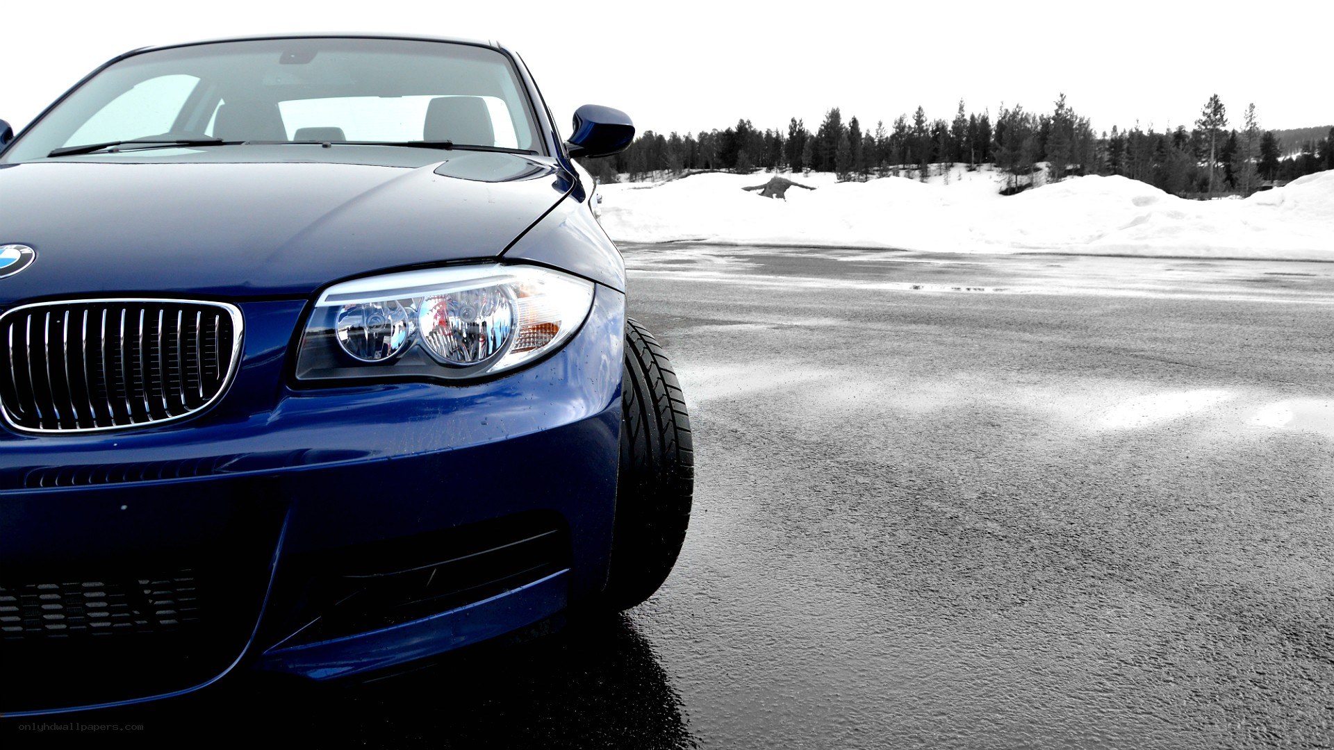 blue bmw on snowy road