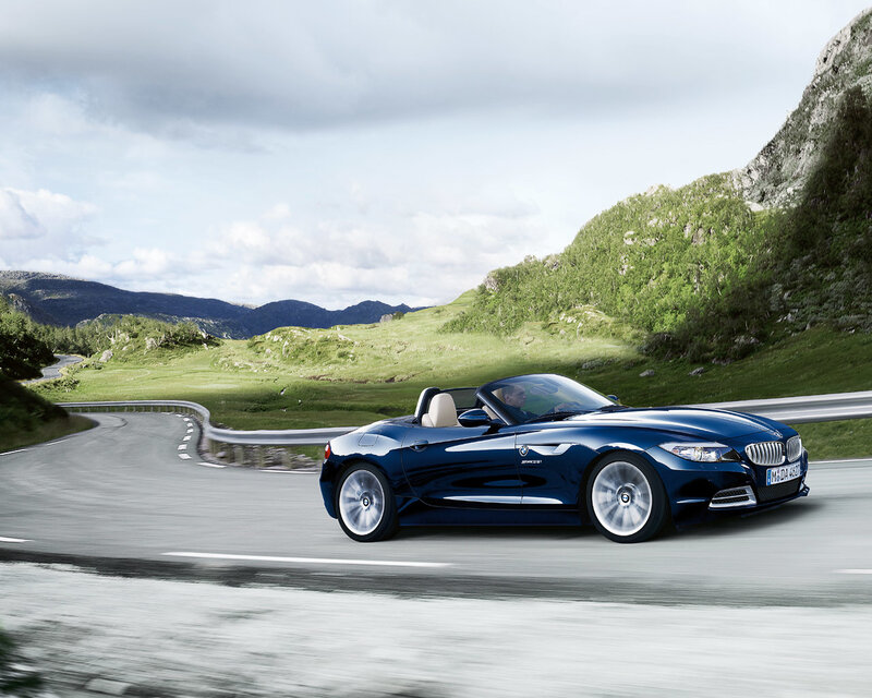 Blue BMW Z4 on a winding road