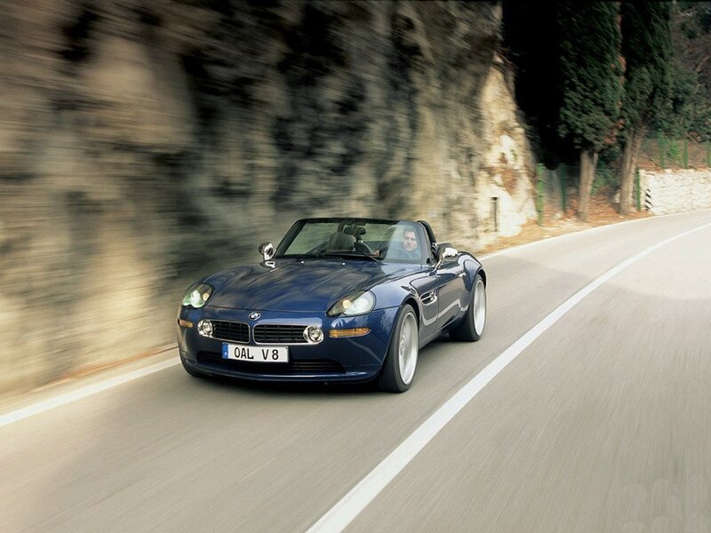 Blue BMW Z8 on a winding road