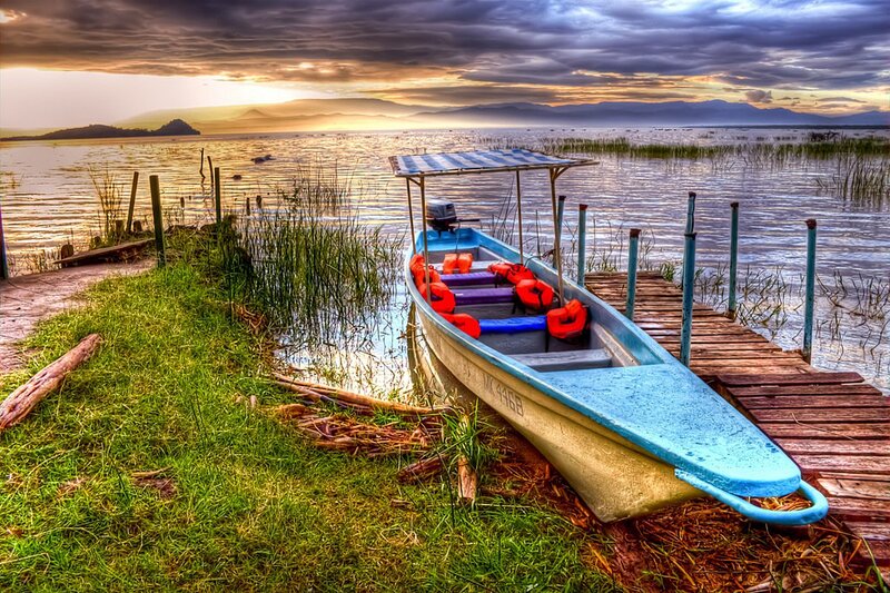 Blue Boat at Dock — Dramatic