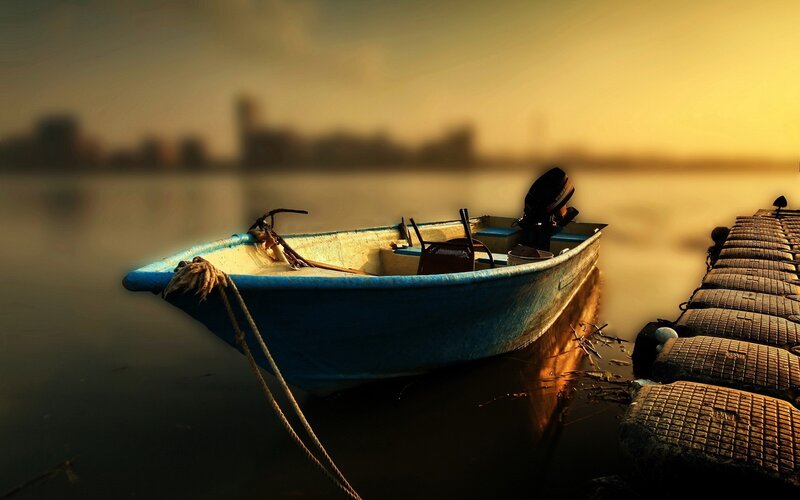Blue Boat at Dock — Serene, Sunset, Photograph, Motor