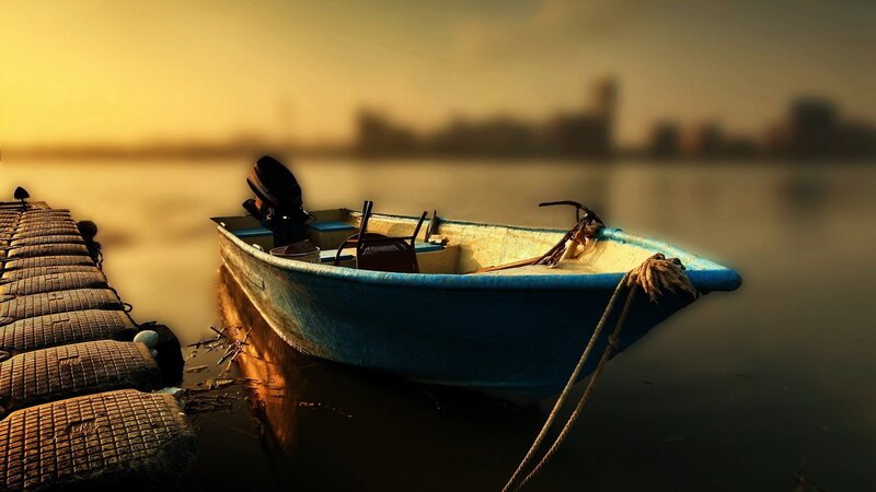 Blue Boat at Dock — Serene, Sunset, Photograph