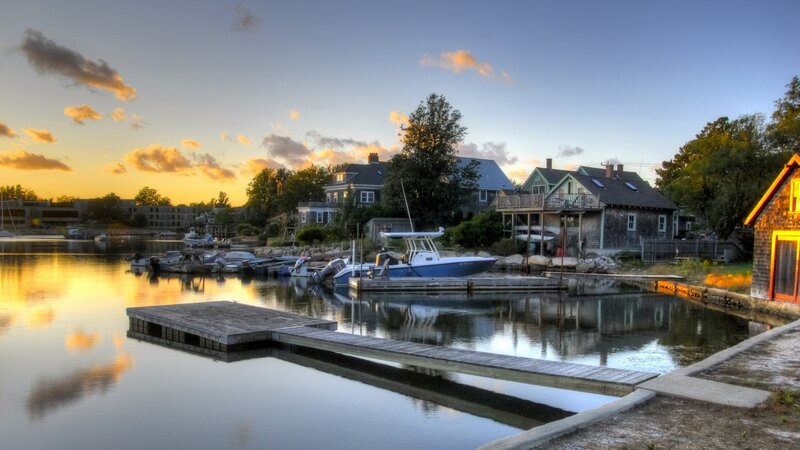 Blue Boat at Dock — Serene, Sunset