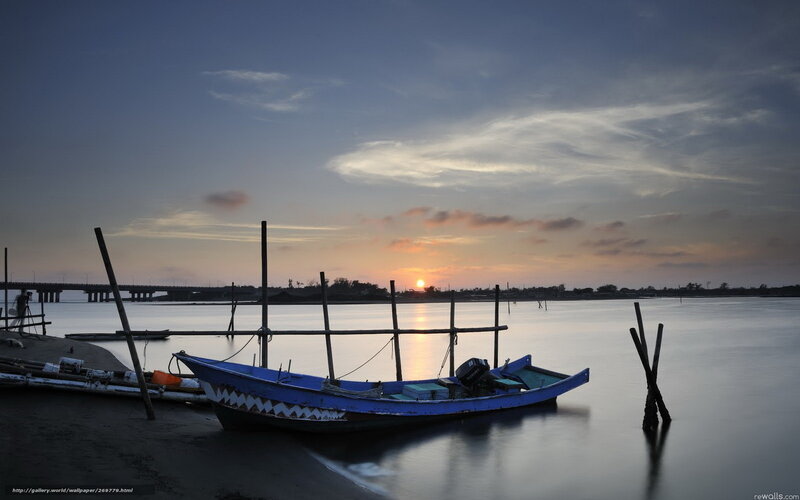 Blue Boat at Sunset — Serene