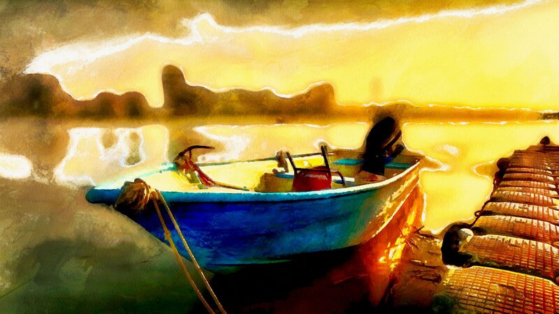 Blue Boat at Sunset — Yellow