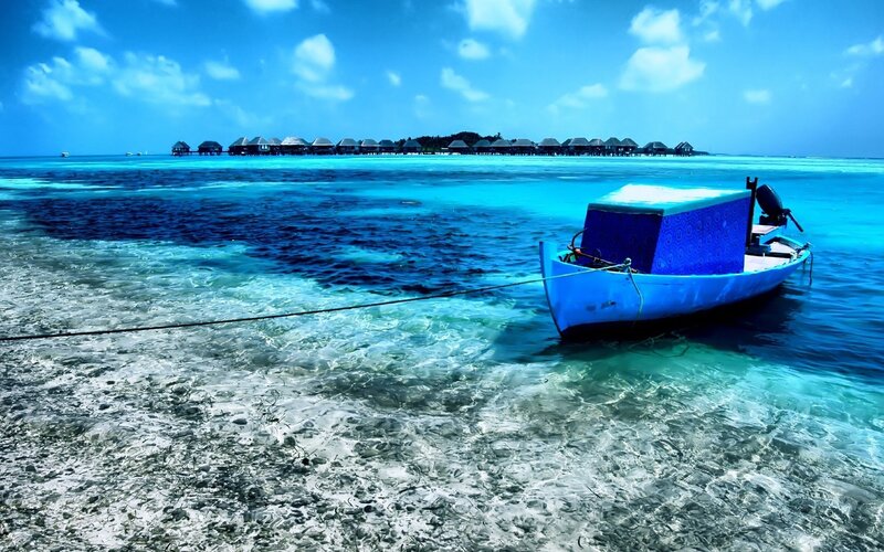 Blue boat at tropical resort