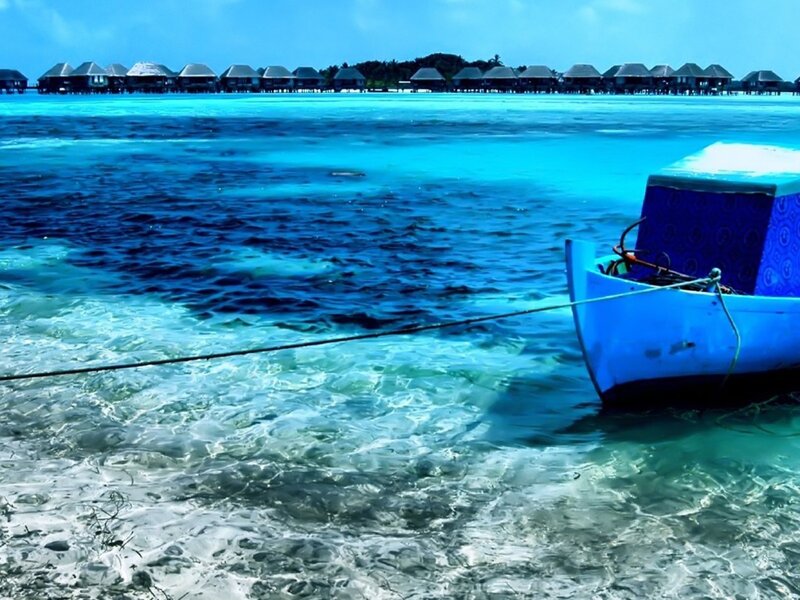 Blue boat at tropical resort