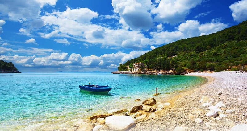 Blue Boat in Bay — Serene