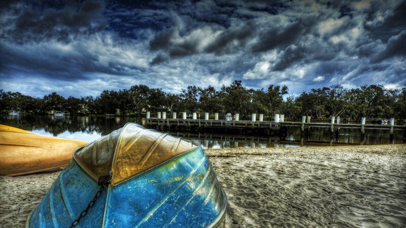 Blue Boat on Beach — Dramatic, Photograph, Dock