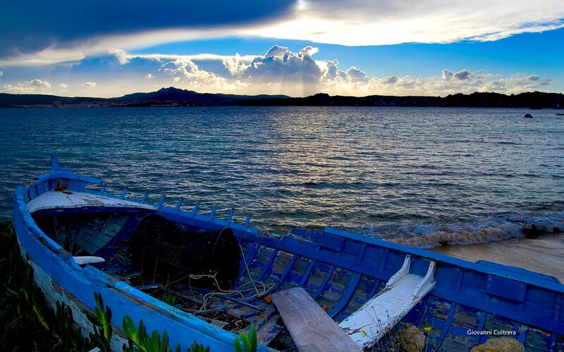 Blue Boat on Beach — Dramatic, Sunset
